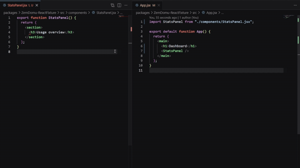VS Code showing ZemDomu detecting a skipped heading level across React components and clearing the warning after h3 is changed to h2.